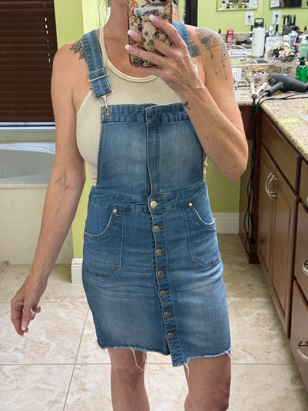 Celebrity pink blue jean denim Overalls dress front buttons zipper closure